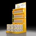 Supermarket Retail Display Shelf Featuring Yellow Design With Beverage Bottles And Boxed Products