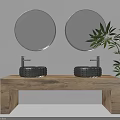 Modern Bathroom Vanity With Double Black Washbasins Round Mirrors Wooden Countertop And Potted Plant