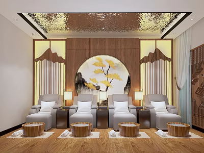 Elegant SPA Sauna Room With Loungers Wooden Buckets And Ginkgo Leaf Decorative Wall 3d model