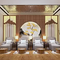 Elegant SPA Sauna Room With Loungers Wooden Buckets And Ginkgo Leaf Decorative Wall