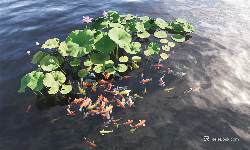 Waterside Landscape With Green Lotus Leaves Pink Flowers And Swimming Koi Fish 3d model 