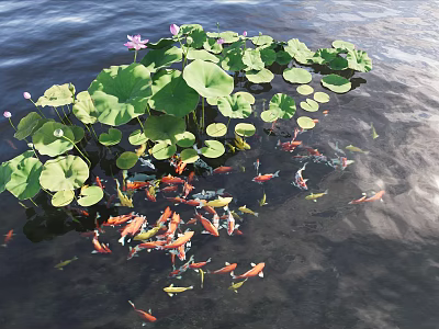 Waterside Landscape With Green Lotus Leaves Pink Flowers And Swimming Koi Fish 3d model