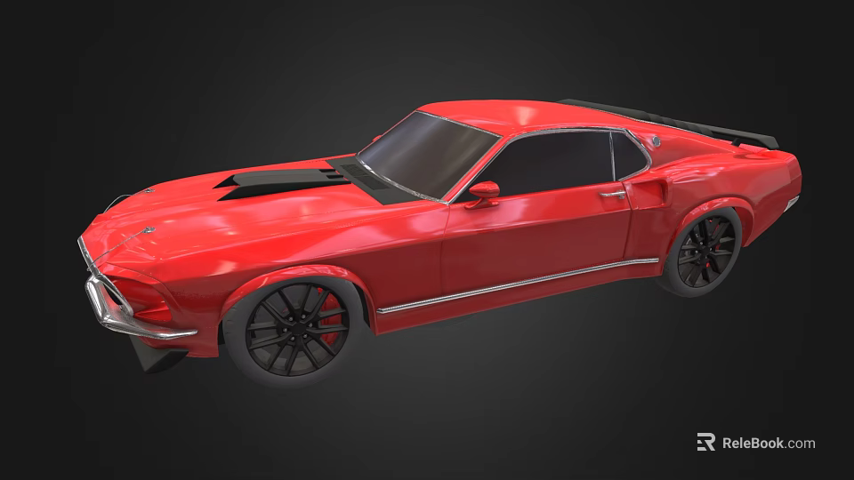 Red Vintage Sports Car With Black Hood Scoop And Modern Black Wheels Design 3d model 
