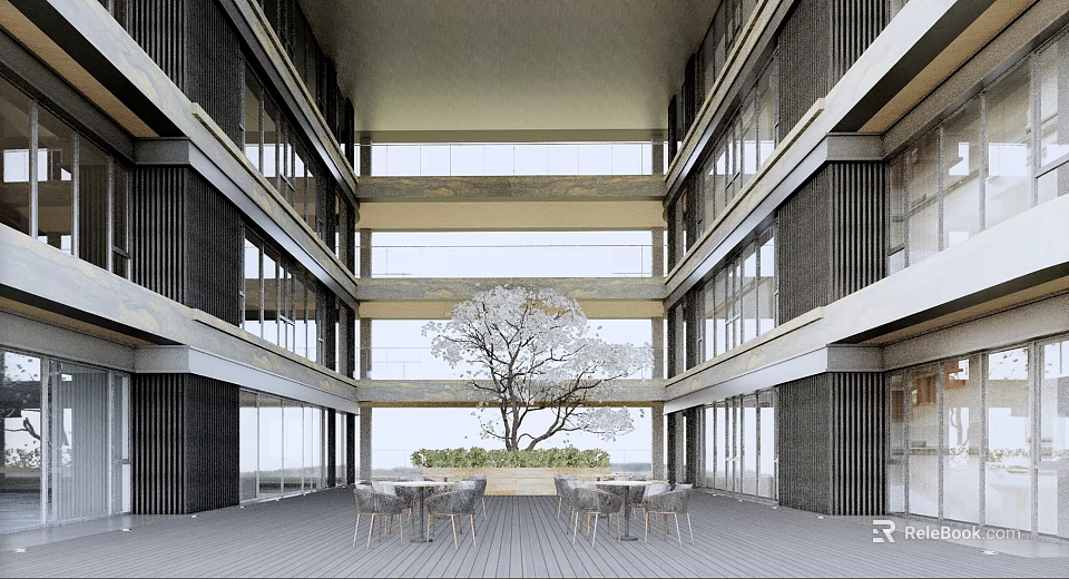 Modern Multi Level Atrium Leisure Area With White Tree And Tables Chairs 3d model 