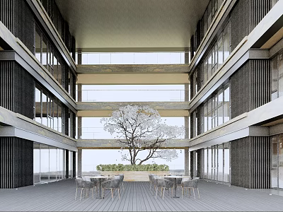 Modern Multi Level Atrium Leisure Area With White Tree And Tables Chairs 3d model