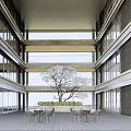 Modern Multi Level Atrium Leisure Area With White Tree And Tables Chairs 3d model