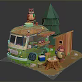 Cute Food Truck Scene With Squirrel Pine Tree Wooden Shed And Stump Table