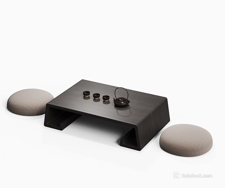 Modern Minimalist Black Tea Table and Beige Floor Cushions with Teapot and Tea Cups 3d model 