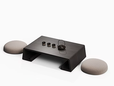 Modern Minimalist Black Tea Table and Beige Floor Cushions with Teapot and Tea Cups 3d model