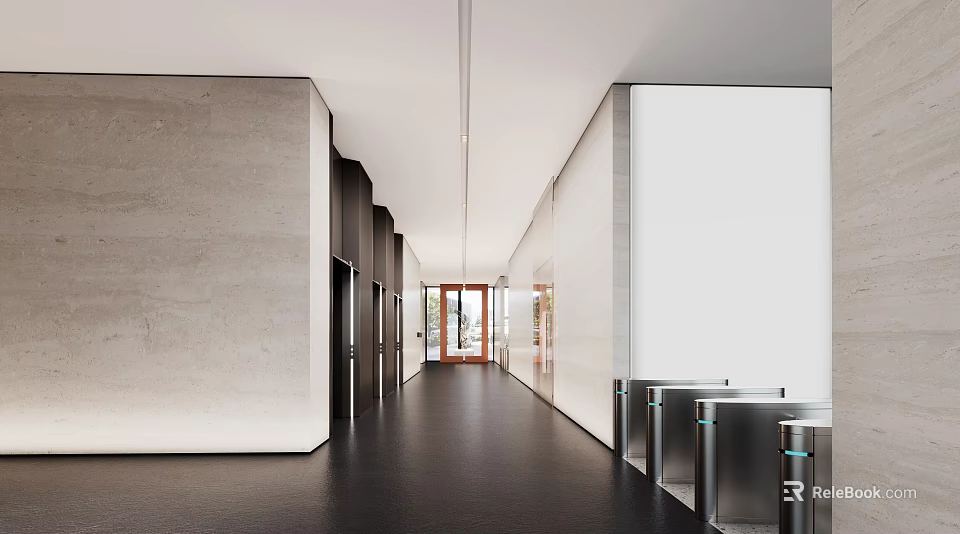 Modern Elevator Lobby With Textured Walls And Dark Flooring 3d model 