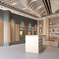 Modern Interior Showroom With Wooden Display Panels Reception Counter And Wavy Ceiling Design