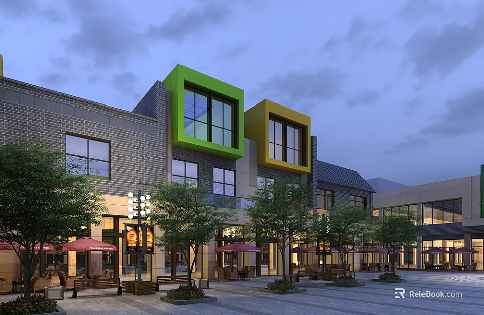 Modern Commercial Street with Green Yellow Facades Outdoor Seating Trees Umbrellas in Evening Sky 3d model 