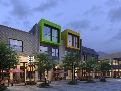 Modern Commercial Street with Green Yellow Facades Outdoor Seating Trees Umbrellas in Evening Sky 3d model