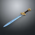 Ornate Blue Sword With Golden Decorative Hilt And Black Handle Design