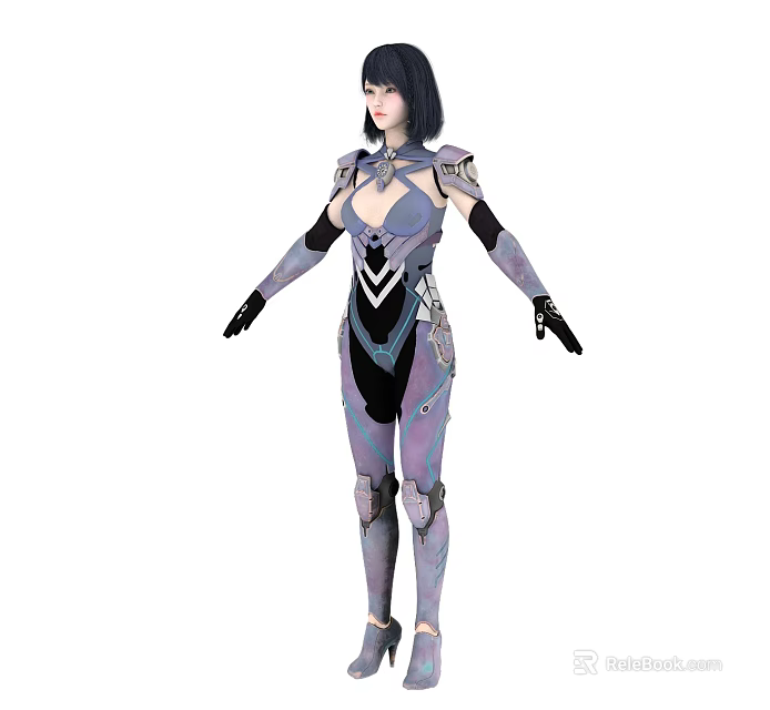 Woman In Futuristic Purple Outfit With Armor Details And Decorative Patterns 3d model 