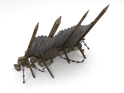 Medieval Defensive Architectural Component Featuring Spiked Wooden Planks Stone Base and Iron Chains 3d model