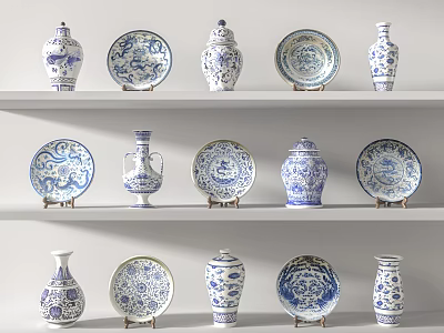 Exquisite Traditional Blue and White Ceramic Vessels Including Vases Plates Jars Displayed on Shelves 3d model