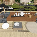 Traditional Japanese Tea Table and Chairs With Tea Sets Stone Decor and Green Plants