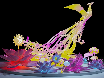 Colorful Phoenix Art Installation With Flowers Mushrooms And Sun Decorations 3d model