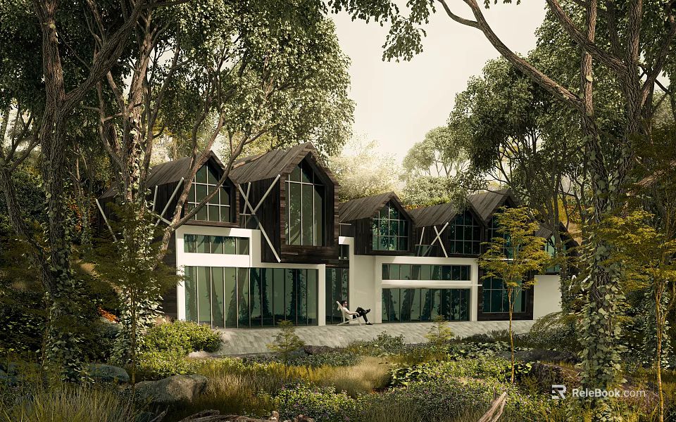 Modern Forest House With Large Glass Windows And Surrounded By Green Trees 3d model 