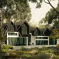 Modern Forest House With Large Glass Windows And Surrounded By Green Trees