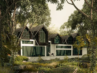 Modern Forest House With Large Glass Windows And Surrounded By Green Trees 3d model