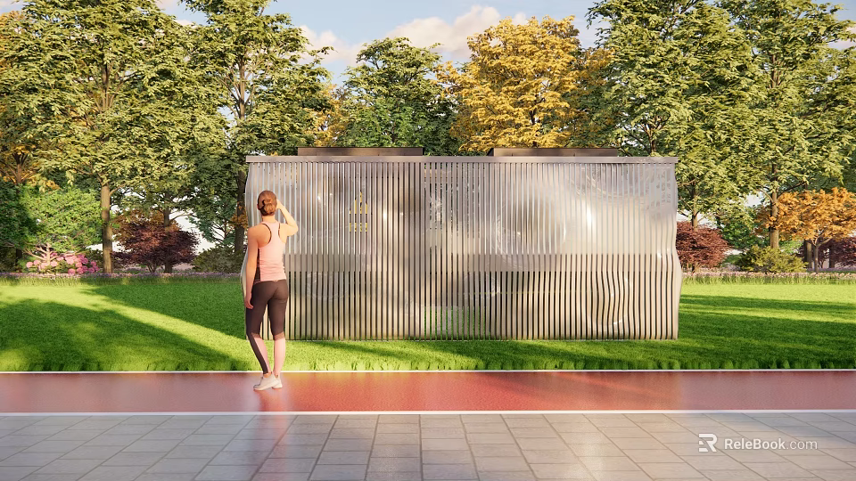 Contemporary Metal Fence With Vertical Slats And Woman Standing Near Red Track Green Grass 3d model 