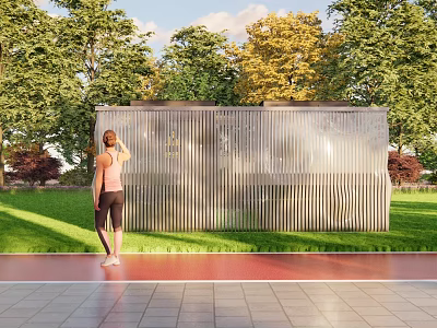 Contemporary Metal Fence With Vertical Slats And Woman Standing Near Red Track Green Grass 3d model