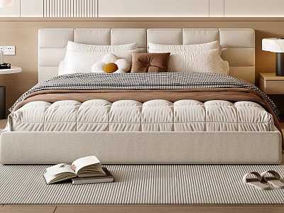 Elegant Double Bed Interior With Upholstered Headboard Plush Pillows Striped Rug Open Book And Slippers 3d model