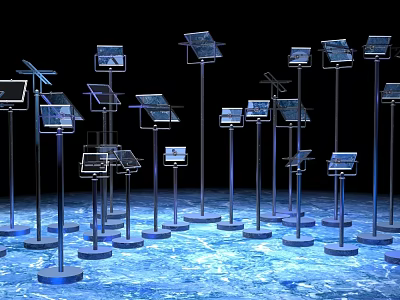 Futuristic Digital Display Stands With Screens On Metallic Pillars And Blue Water Floor 3d model