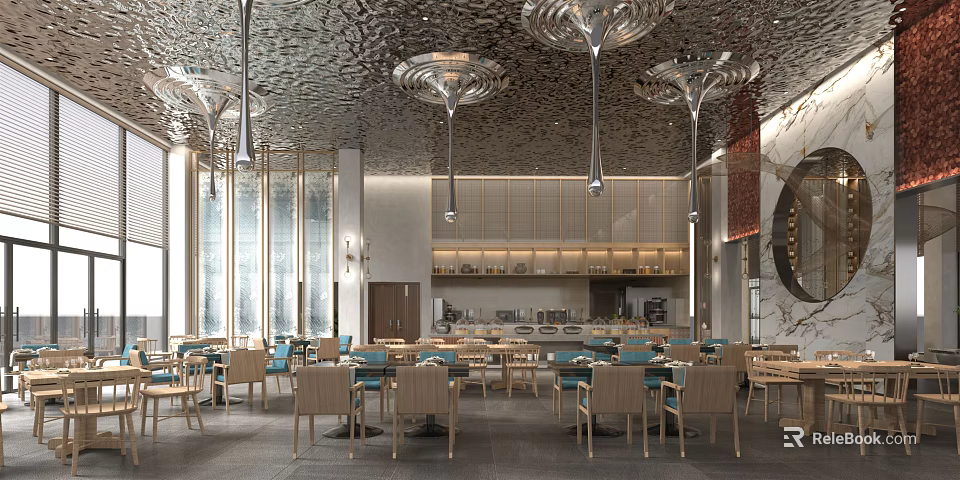 Modern Restaurant Interior With Unique Ceiling Pendant Lights Wooden Tables Blue Accent Chairs And Open Kitchen 3d model 