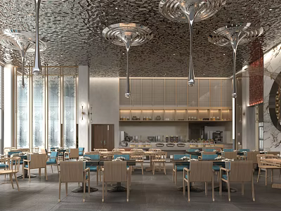 Modern Restaurant Interior With Unique Ceiling Pendant Lights Wooden Tables Blue Accent Chairs And Open Kitchen 3d model