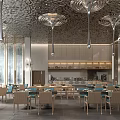 Modern Restaurant Interior With Unique Ceiling Pendant Lights Wooden Tables Blue Accent Chairs And Open Kitchen