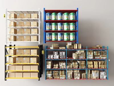 Multi Layer Display Shelves With Cardboard Boxes Canned Goods And Packaged Items In Various Colors 3d model