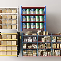 Multi Layer Display Shelves With Cardboard Boxes Canned Goods And Packaged Items In Various Colors 3d model