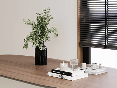 Black Vase With Green Foliage On Wooden Tabletop Near Books Candles And Clear Glass Cups 3d model