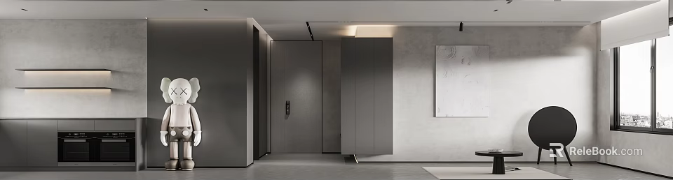 Modern Minimalist Living Dining Room Interior With Open Concept Gray Storage Cabinets And Artwork 3d model 