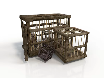 Two Rustic Wooden Cages And Small Plastic Basket For Home Storage 3d model