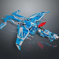 Cosmic Spaceship Model Blue And White Detailed Mechanical Design With Wings And Red Accents
