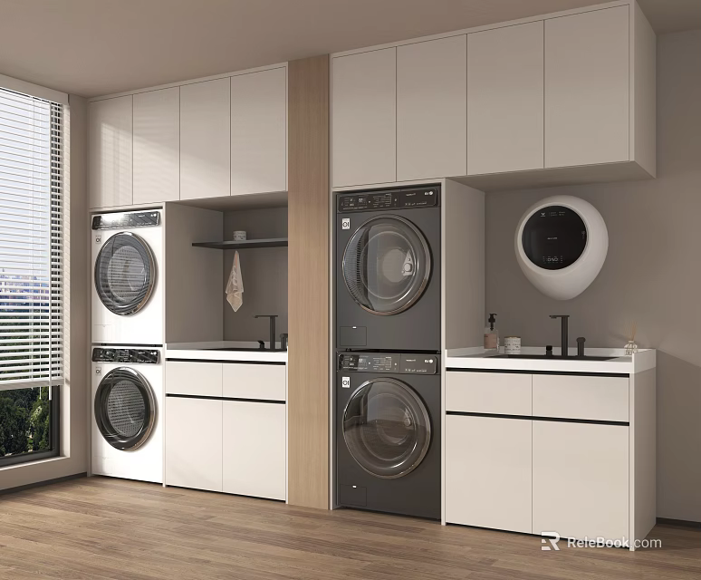 Modern Laundry Room With Stacked Washing Machines And White Cabinetry Design 3d model 