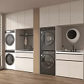 Modern Laundry Room With Stacked Washing Machines And White Cabinetry Design
