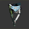 Serious Blue Haired Character Wearing Lab Coat With Yellow Pants Mechanical Legs Holding Weapon