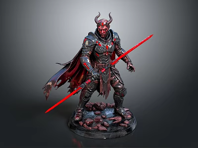 Man in Demonic Armor With Horns Red Longsword and Cloak on Rock Base 3d model