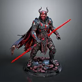 Man in Demonic Armor With Horns Red Longsword and Cloak on Rock Base