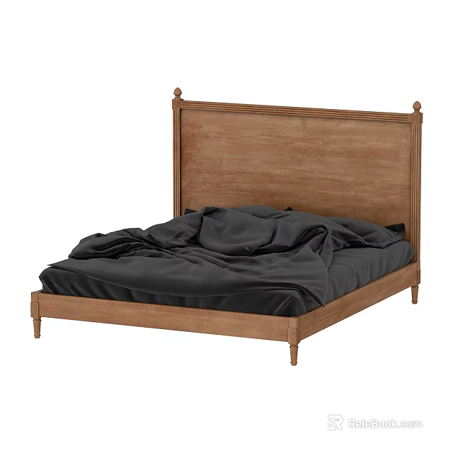 Double Bed with Wooden Headboard and Black Bed Sheets Solid Wood Frame Design 3d model 