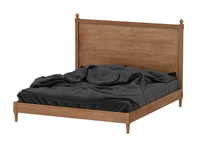 Double Bed with Wooden Headboard and Black Bed Sheets Solid Wood Frame Design 3d model
