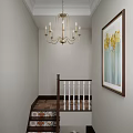 Tiled Staircase With Wooden Handrail In Interior Entryway Blue Tiled Floor And Potted Plant