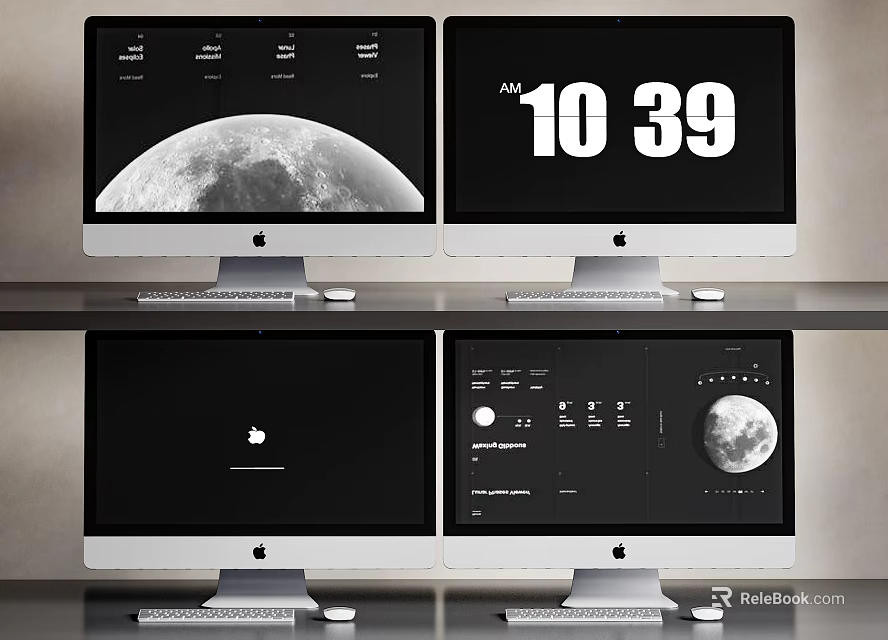 Apple iMac Computers Displaying Multiple Screens With Moon Image Digital Numbers Apple Logo And Interface 3d model