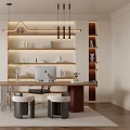 Modern Study Room With Wooden Desk Computer Setup Built In Bookshelves And Pendant Lighting