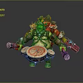 Orc Warrior Character With Muscular Build Wearing Helmet Armor Holding Drum Red Symbol And Weapons